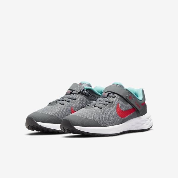 Dětské Běžecké Boty Nike Revolution 6 FlyEase Older Easy On-Off Silniční Šedé Tyrkysové Červené | NK574JTD