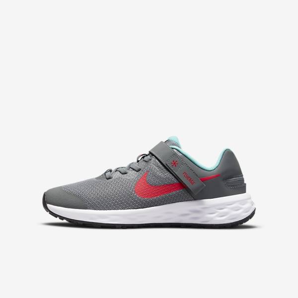 Dětské Běžecké Boty Nike Revolution 6 FlyEase Older Easy On-Off Silniční Šedé Tyrkysové Červené | NK574JTD